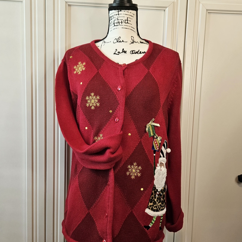 Classic Red Cardigan with Festive Gold Details